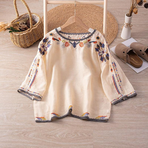 Boho Embroidered Blouse | Vintage-Inspired Loose Fit Top | Ethnic Folk Style Peasant Shirt for Women