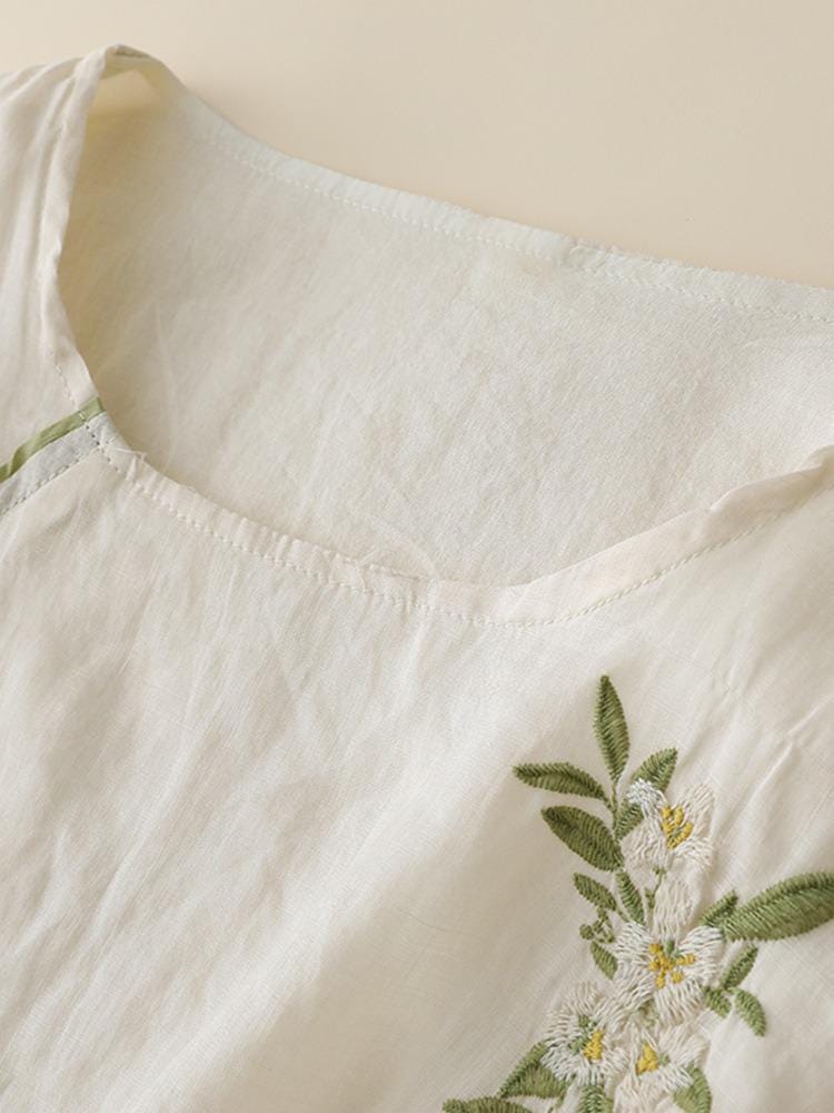 Ramie Embroidered Floral Blouse – Handmade Loose-Fit Boho Top for Women, Breathable Natural Fabric Shirt