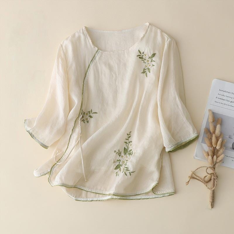 Ramie Embroidered Floral Blouse – Handmade Loose-Fit Boho Top for Women, Breathable Natural Fabric Shirt