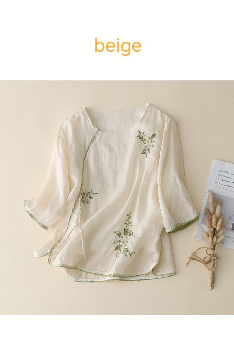Ramie Embroidered Floral Blouse – Handmade Loose-Fit Boho Top for Women, Breathable Natural Fabric Shirt