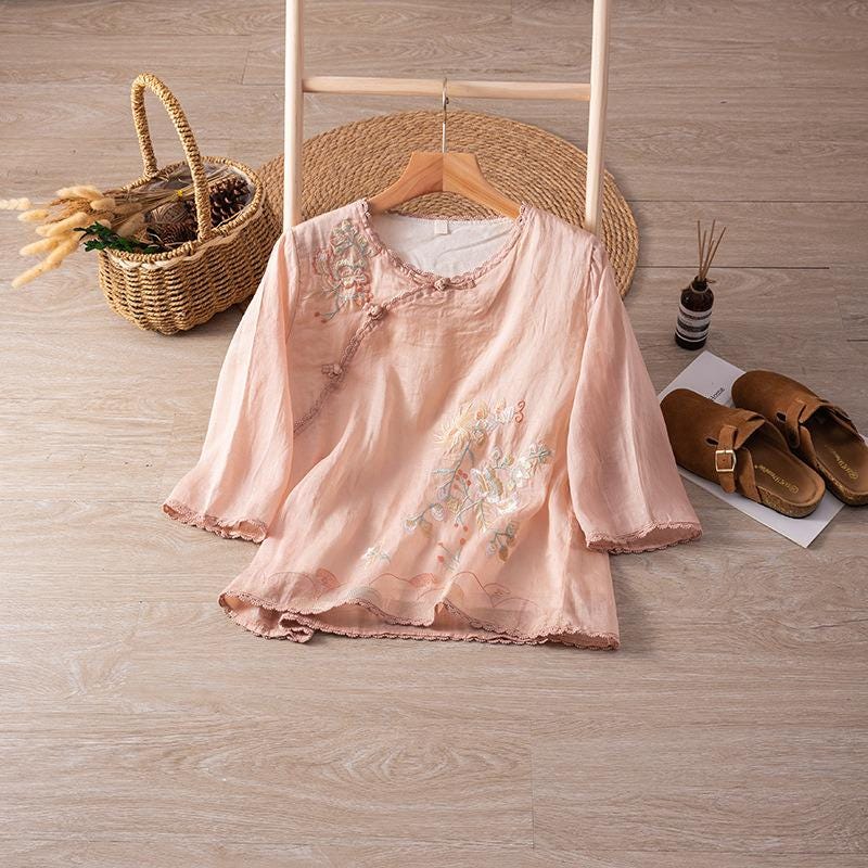 Handmade Ramie Embroidered Blouse – Elegant Loose-Fit Boho Top with Botanical Motif, Natural Fiber Shirt for Women