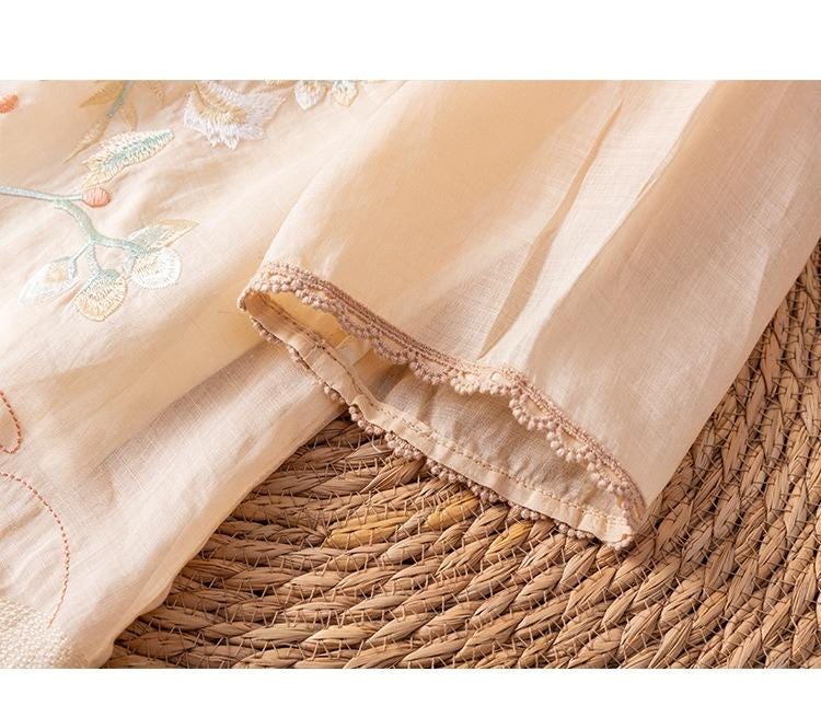 Handmade Ramie Embroidered Blouse – Elegant Loose-Fit Boho Top with Botanical Motif, Natural Fiber Shirt for Women