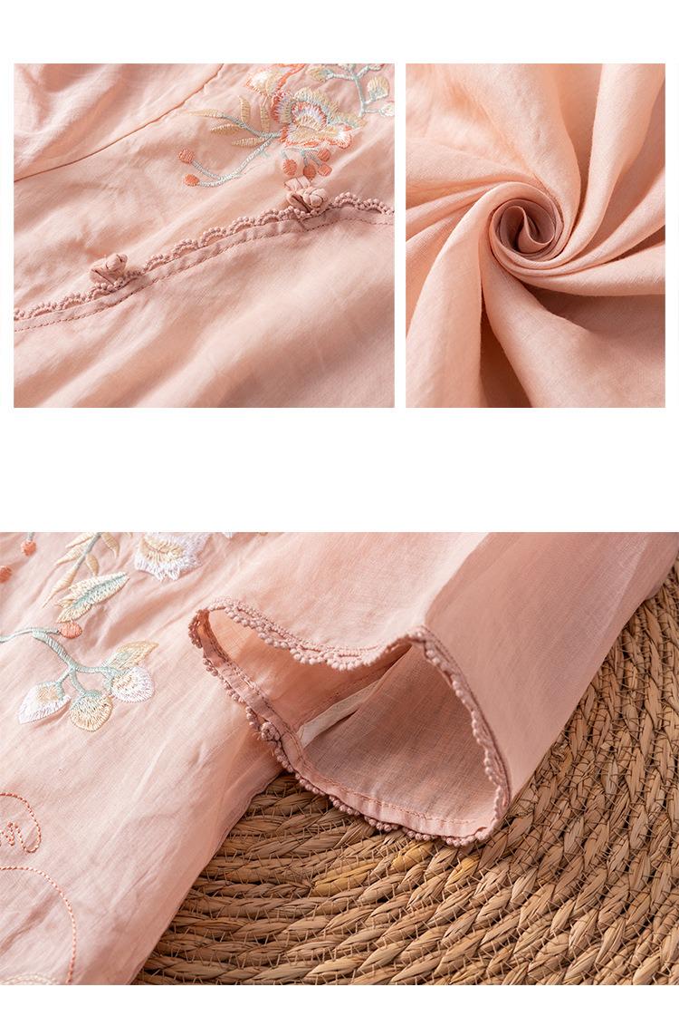 Handmade Ramie Embroidered Blouse – Elegant Loose-Fit Boho Top with Botanical Motif, Natural Fiber Shirt for Women