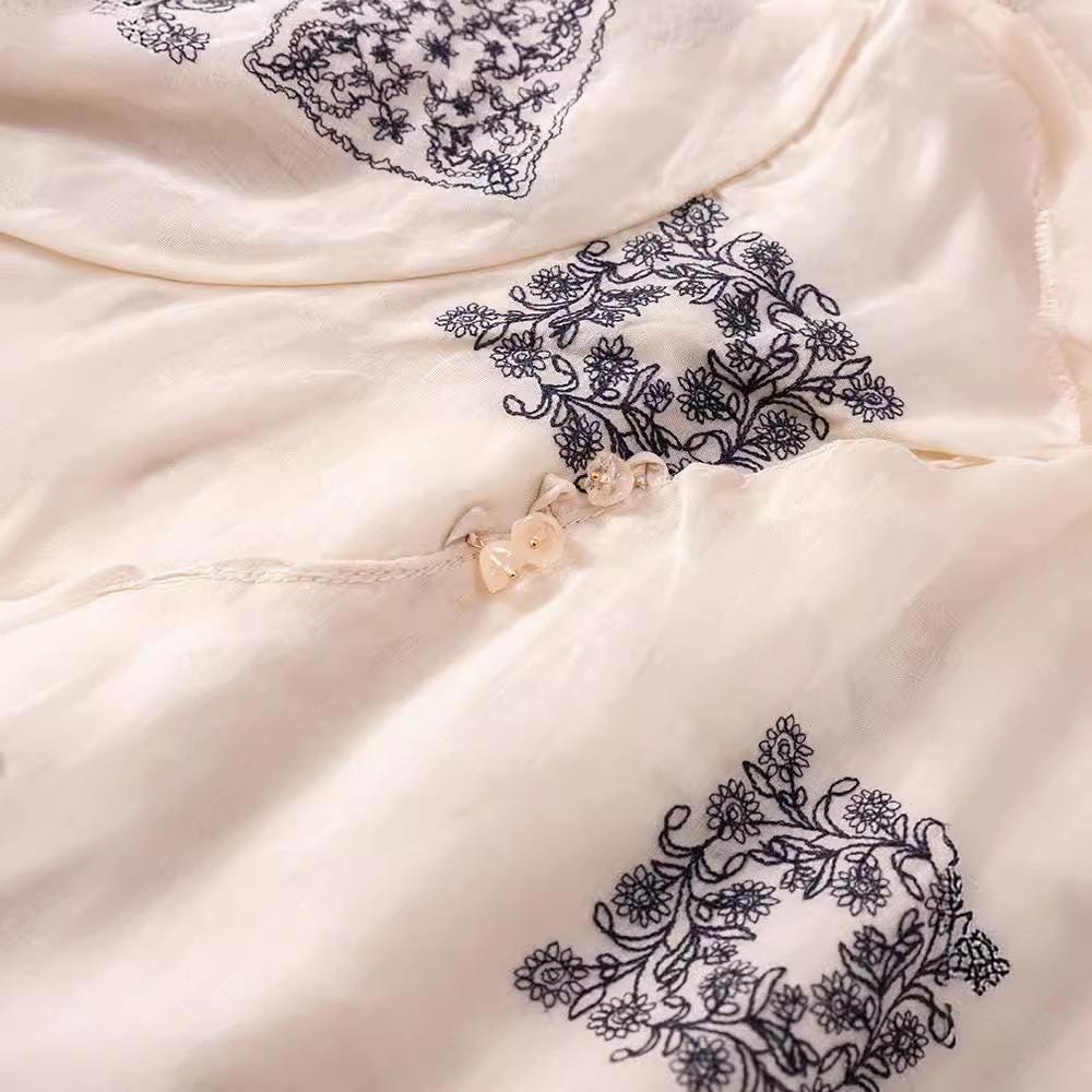 Handmade Ramie Embroidered Dress – Elegant Loose-Fit Midi Dress with Floral Details, Natural Fiber Clothing for Women