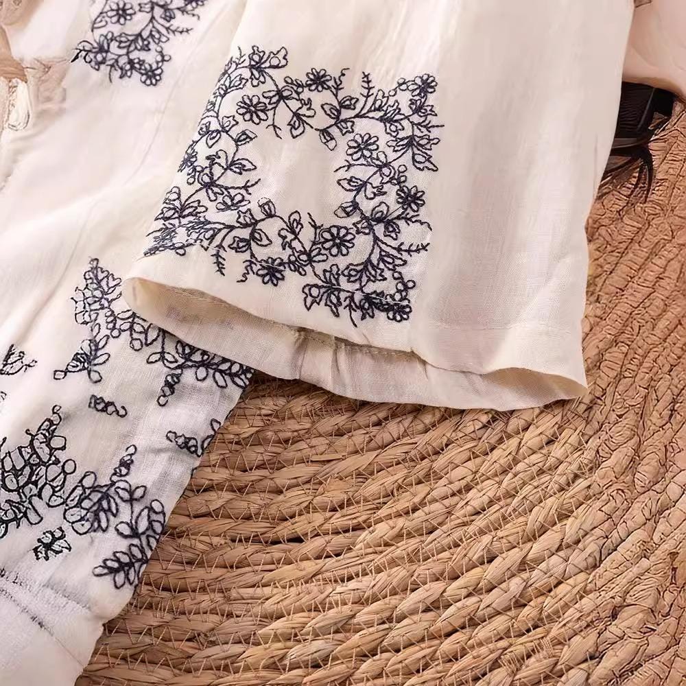 Handmade Ramie Embroidered Dress – Elegant Loose-Fit Midi Dress with Floral Details, Natural Fiber Clothing for Women
