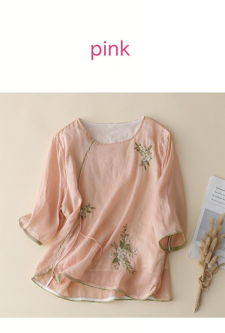 Ramie Embroidered Floral Blouse – Handmade Loose-Fit Boho Top for Women, Breathable Natural Fabric Shirt