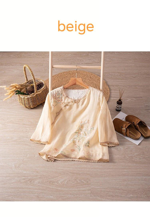 Handmade Ramie Embroidered Blouse – Elegant Loose-Fit Boho Top with Botanical Motif, Natural Fiber Shirt for Women