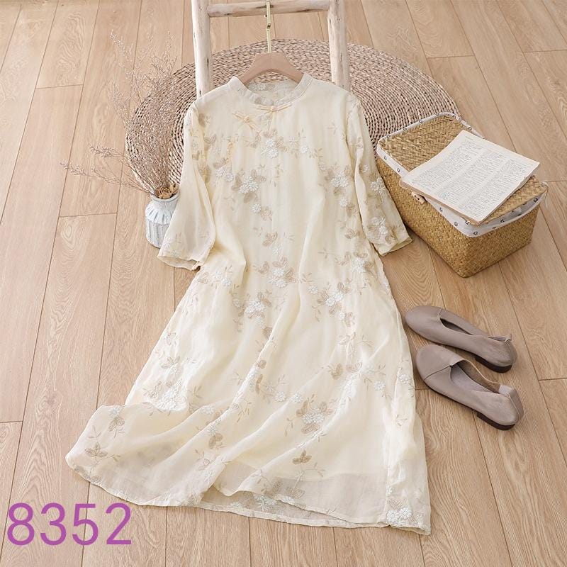 Handmade Ramie Embroidered Dress – Elegant Loose-Fit Midi Dress with Floral Details, Natural Fiber Clothing for Women
